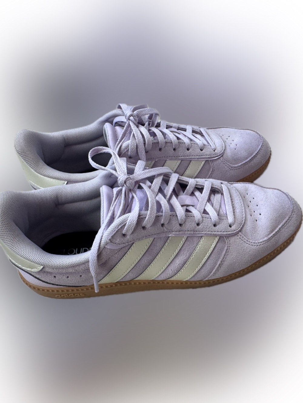 adidas Women’s Lavender Suede Sneakers with Cream Stripes and Gum Sole